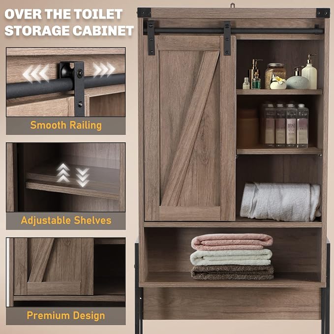 Over The Toilet Storage Cabinet, Behind Toilet Bathroom Organizer with Adjustable Shelves, Above Toilet Organizers with Barn Door, Space Saver for Restroom, Bathroom, Laundry, Grey