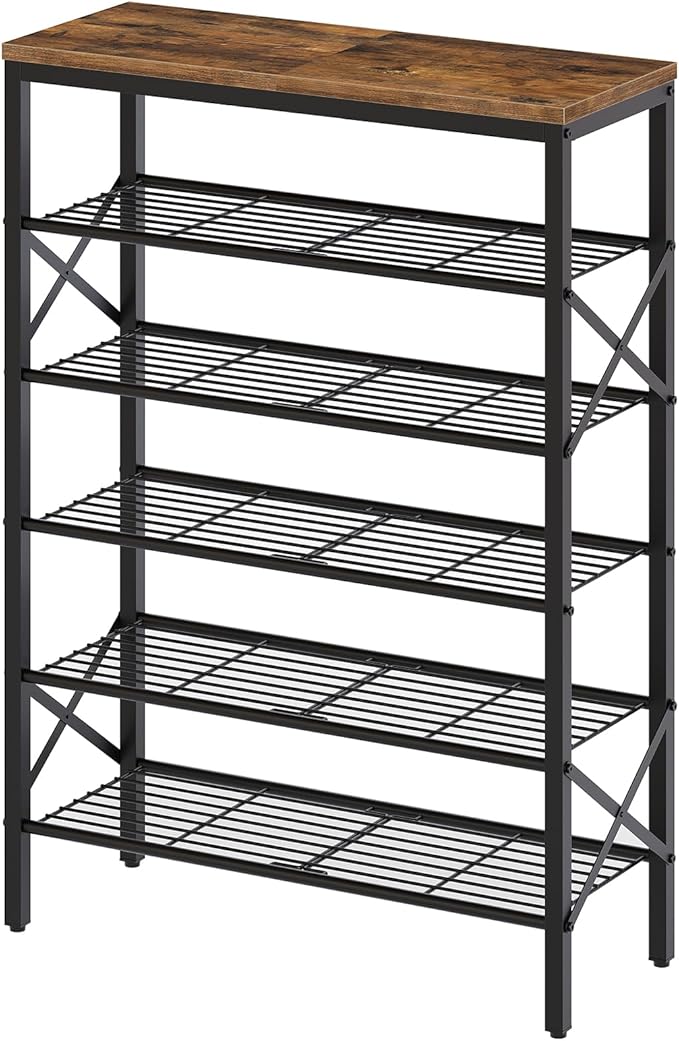 YATINEY 6-Tier Shoe Rack, Shoe Storage Organizer for Closet, Free Standing Shoe Organizer with Metal Mesh Shelves, 24 Pairs of Shoes, Rustic Brown and Black SS06BR