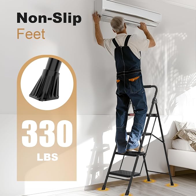 HBTower Step Ladder, 4 Step Ladder for Adults with Wide Anti-Slip Pedal, Step Stool Foldable with Cushioned Handle, 330 Capacity for Home and Kitchen, Black