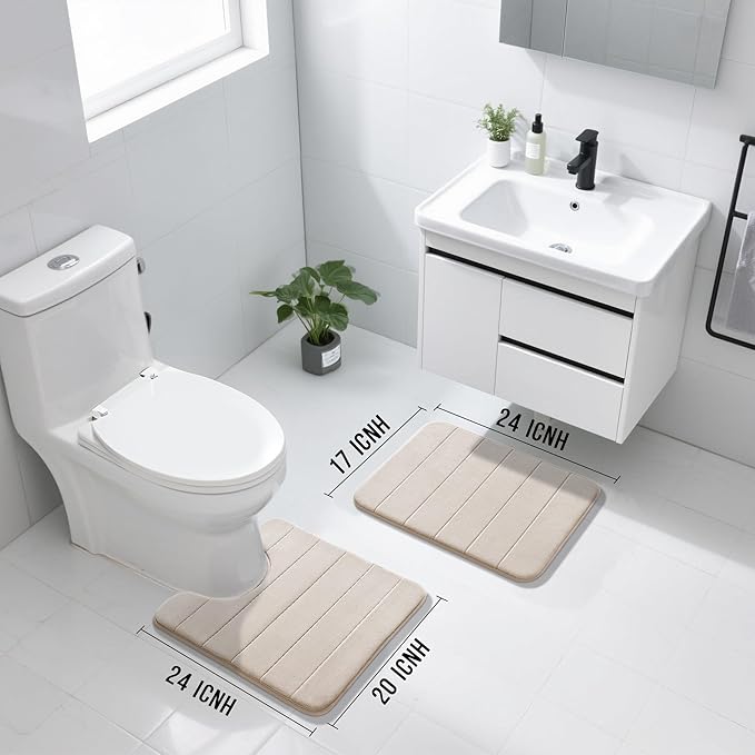 Yimobra U-Shaped Toilet Bath Mat Set 2 Piece - Super Soft Absorbent Quick Dry Memory Foam Bathroom Rugs, Machine Washable Non Slip Floor Carpet for Tub Shower & Single Sink (17x24 & 24x20, Beige)
