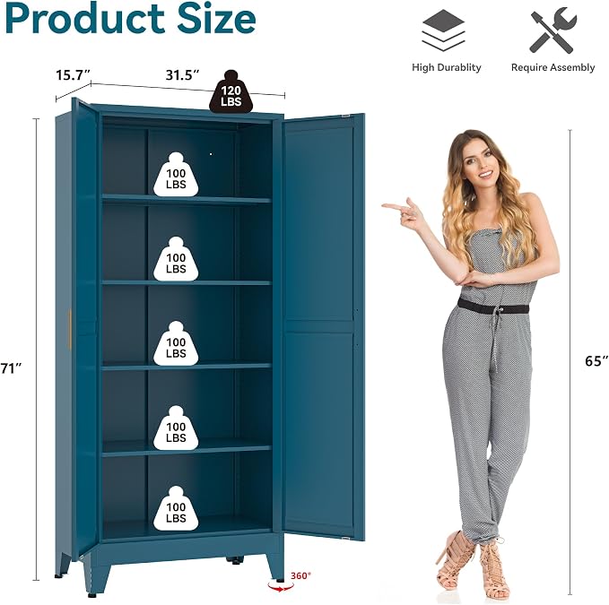 Bevivog Metal Kitchen Pantry Cupboard Cabinet, 71" Blue Storage Cabinets with 2 Doors and 4 Adjustable Shelves for Kitchen/Home Office/Dining Room/Living Space