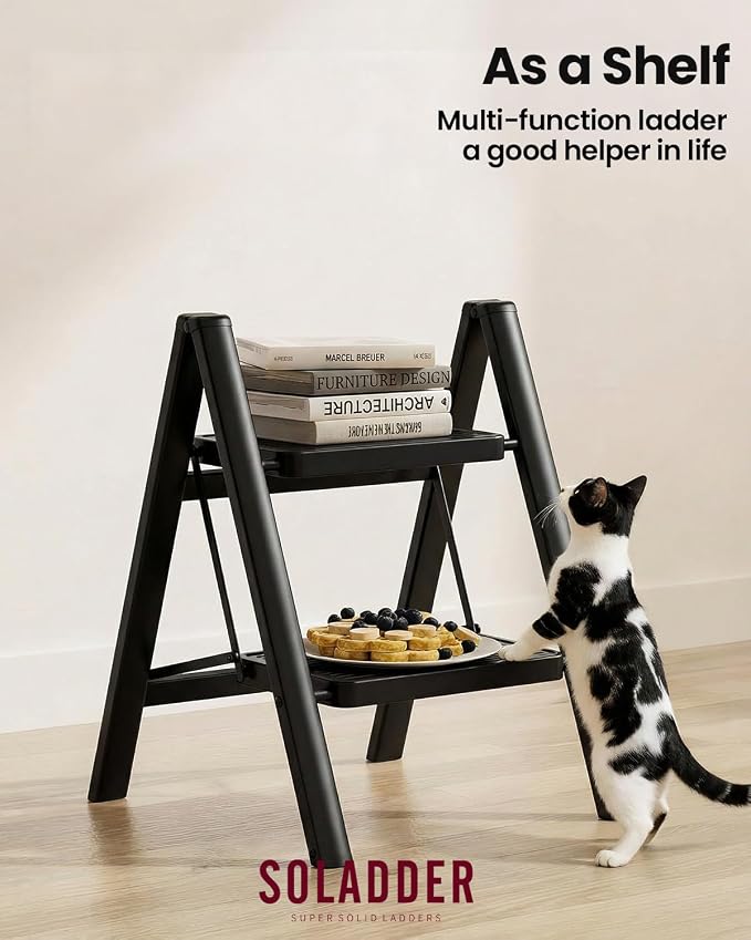 SOLADDER Step Stool, 2 Step Ladder with Anti-Slip and Wide Pedal, Folding Portable Iron Stepladder for Home and Kitchen, 300lbs - Black