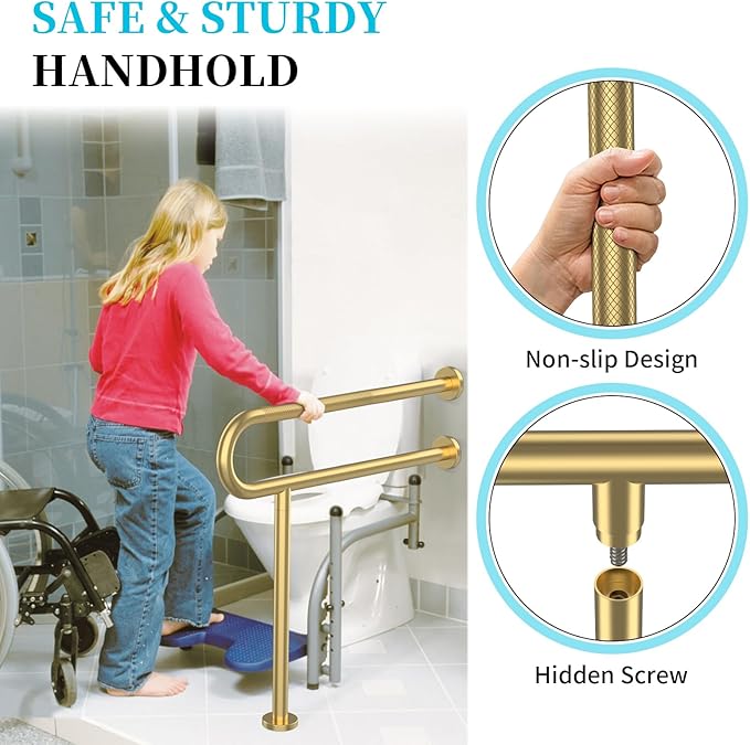 Toilet Support Rail 32 Inch, Munzong Anti-Slip Gold Handicap Grab Bar for Bathroom, Stainless Steel Knurled Safety handrails with Leg for Elderly Disabled Pregnant-1.25’Tube