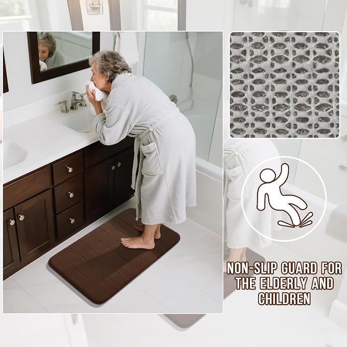 Yimobra Memory Foam Bath Mat Set 2 Piece - Super Soft Absorbent Quick Dry Bathroom Toilet Rugs, Machine Washable Non Slip Floor Carpet for Tub Shower & Single Sink (31.5x20 & 24x20, Brown)