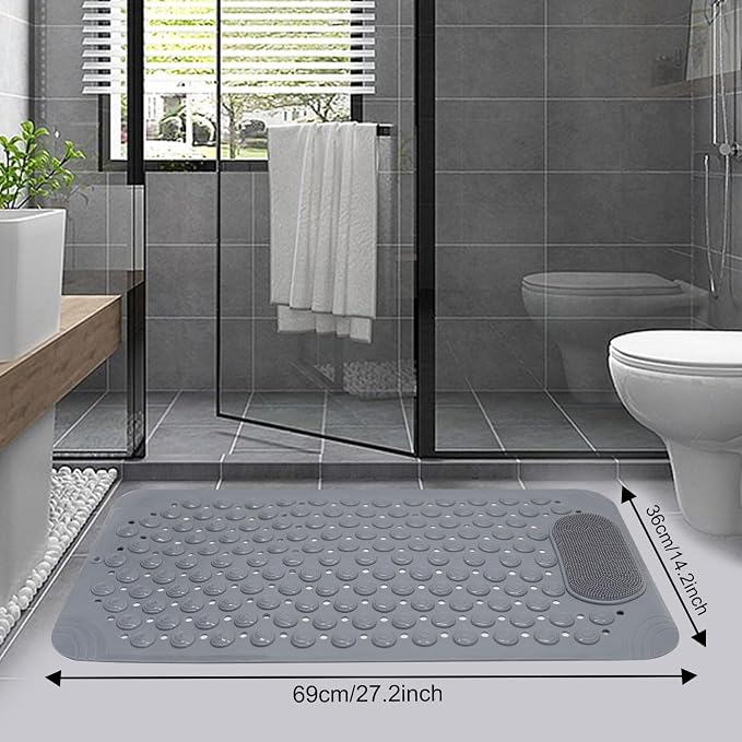 Bath Tub Shower Mat, 27x14 inch Non Slip Bathtub Mat with Suction Cups, Anti Slip Shower Mat with Drain Holes Suction Cups,Shower Foot Scrubber Mat, Foot Massage Bath Mat (Grey)