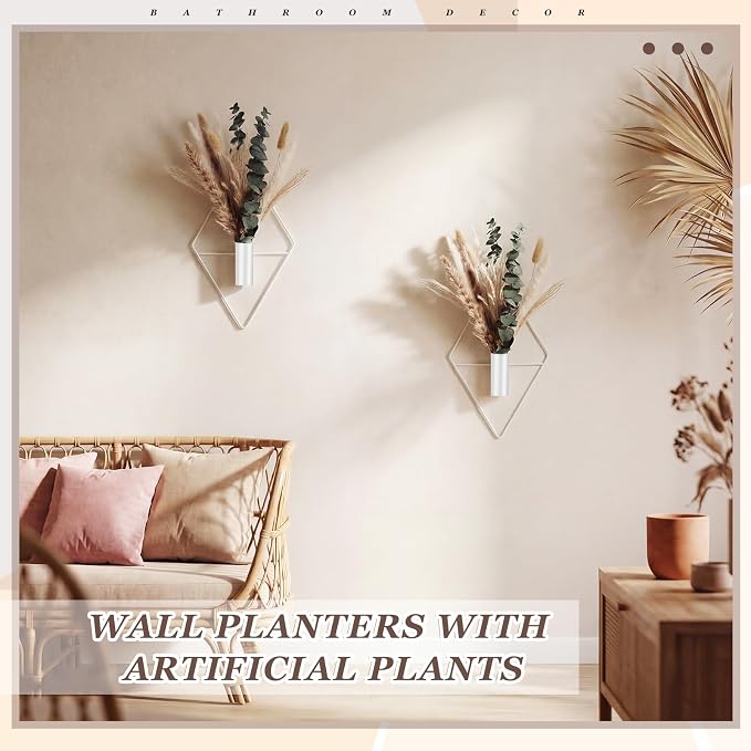 Jexine 4 Pcs Hanging Planters with Artificial Pampas White Metal Hanging Vase Indoor Plants Holder Modern Geometric Boho Bathroom Wall Decor for Living Room Home Office
