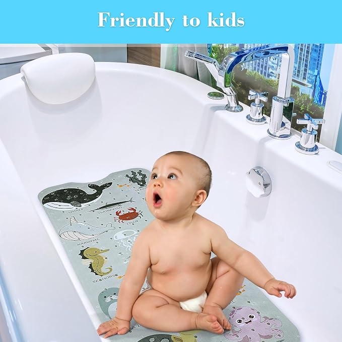 Secopad Bath Mat for Tub Non Slip, Machine Washable Anti-Slip Cartoon Baby Bathtub Shower Mat with Drain Holes and Suction Cups for Toddler & Kids, 40 Inch x 16 Inch, Greige Sea Animals