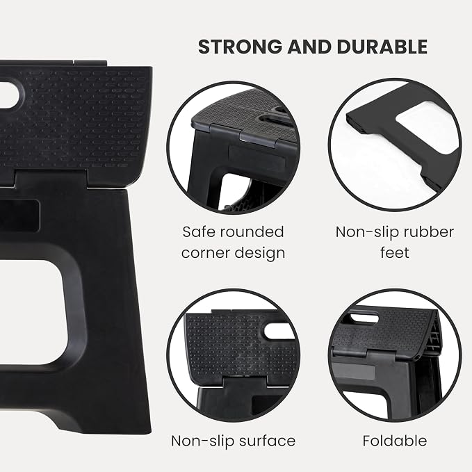 Vigar Compact Folding Step Stool - 9 Inch Foldable Step Stool for Adults, Lightweight Portable Stool with Handle, Non Slip Step Stool, Space Saving Stool up to 330 lb - Black