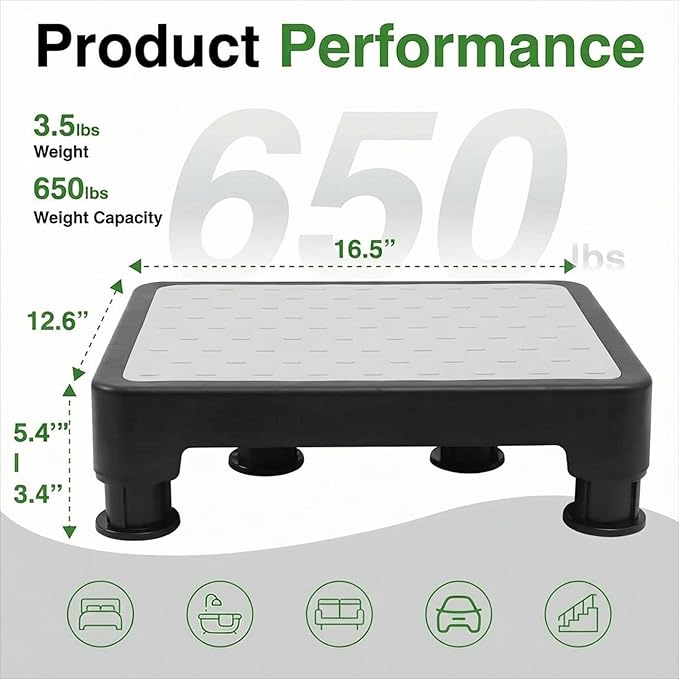 COOL-ANGLE Adjustable Step Stool for High Beds & SUV - Non-Slip Mobility Platform for Seniors, 650lbs Capacity, 3 Heights (3.4"-5.4"), Wide Safety Base for Car & Bath, 16.5"x12.6", Gray
