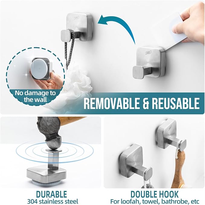 TAILI 304 Stainless Steel Bathroom Suction Hook for Towel, Loofah, Bathrobe, Patented Strong Suction Cup, Damage-Free Hanging Glass Shower Wall Hook, Hold Up to 11 Lbs, 2 Pack, Modern Square, Silver