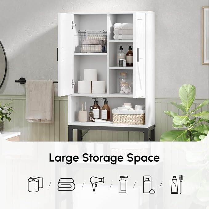 USHOWER Over The Toilet Storage Cabinet, Bathroom Organizers and Storage with Barn Doors, Thicken Metal Stand & MDF Wood Above Toilet Storage Cabinet, Freestanding Space Saver, White