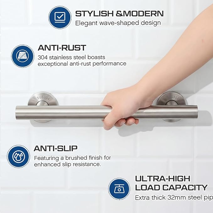 Zonon 2 Pack Shower Grab Bars, 18 Inch Heavy Duty Stainless Steel Bathroom Safety Grab Bar with 1.25" Diameter, Wall Mounted Anti-Slip Safety Handle for Seniors Elderly Handicap, Bathtub Toilet Step