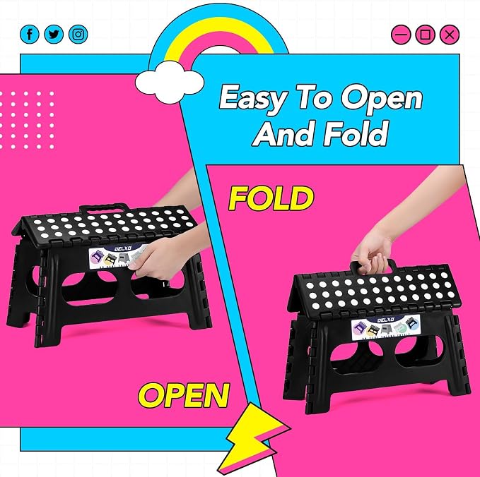 Delxo Folding Step Stool for Kids and Adults,15-Inch Extra Wide 9 Inch 2 Pack Height Heavy Duty Stepping Stool More Safe and Comfortable Non Slip Foldable Step Stool Black