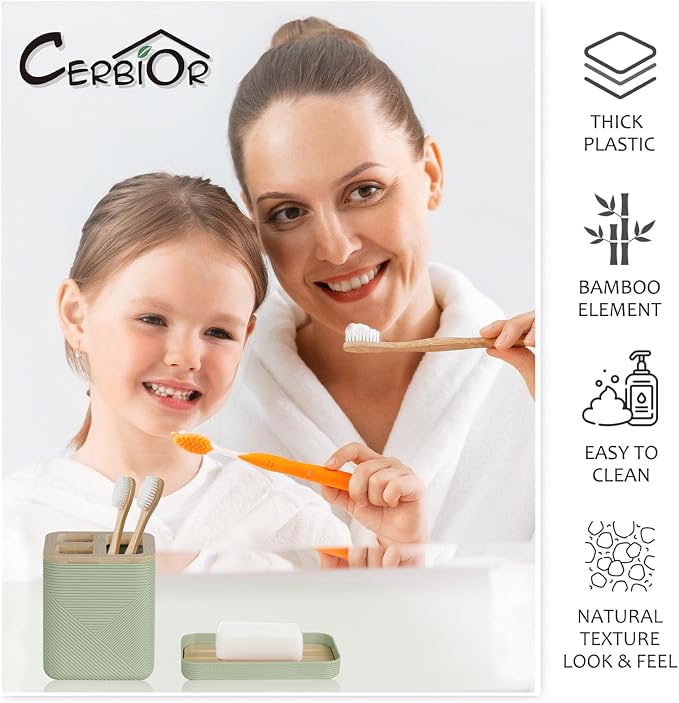 CERBIOR Bathroom Accessory Set with Shower Curtain, Includes Shower Curtain,Soap Dispenser, Toothbrush Holder, Toothbrush Cup, Soap Dish for Decorative Countertop and Housewarming Gift,Green,20PC