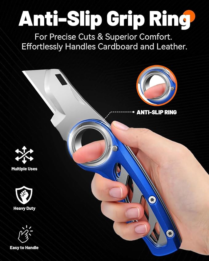 Folding Utility Knife Pocket Knife, Heavy-Duty Box Cutter with Anti Slip Finger Loop, Quick Change Blade Razor Knife, Box Cutters for Home, Office, Warehouse, Durable Razor Knife, Box Knife (Blue)