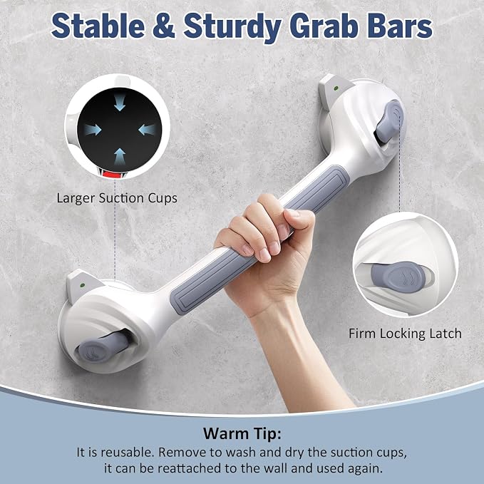 Roylvan Grab Bars for Bathtub and Shower, 1 Pack Shower Handle with Strong Suction Cups, 16.8 Inch Bathroom Grab Bars for Seniors, Removable Shower Safety Handrail for Elderly, Drill Free, Waterproof