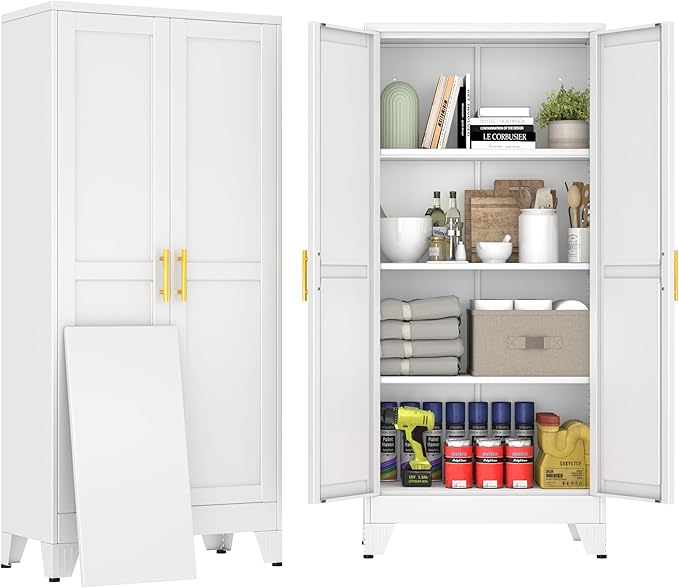 61" White Metal Garage Storage Cabinet with 2 Doors and 3 Adjustable Shelves,Kitchen Pantry Cabinet,File Cabinet,Steel Tool Cabinet for Home,Office,Garage,School,Warehouse