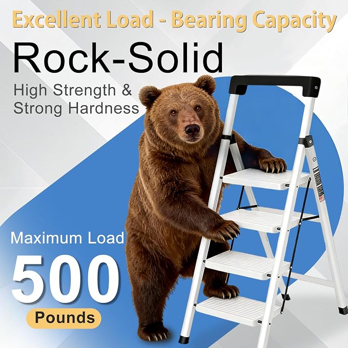 4 Step Ladder with Handrail Folding Step Stool with Tool Tray 500LBS Capacity Sturdy Carbon Steel Frame Anti-Slip Stripe Pedal for Home Kitchen Garage (white-4step)