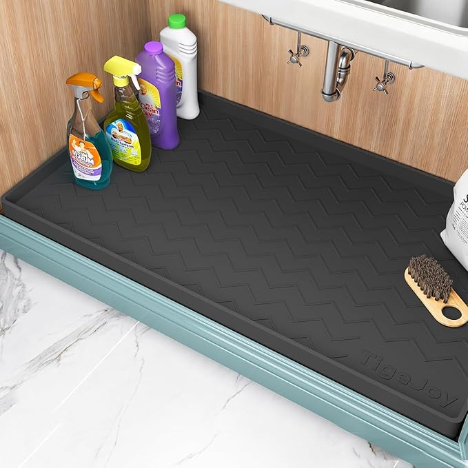 TigeJoy 25" x 22" Under Sink Mat for Kitchen – Waterproof Silicone Cabinet Protector, Leak-Proof Liner with Raised Edges, Non-Slip Under Sink Organizer Tray for Cabinets, Boot Tray, Pet Feeding Mat