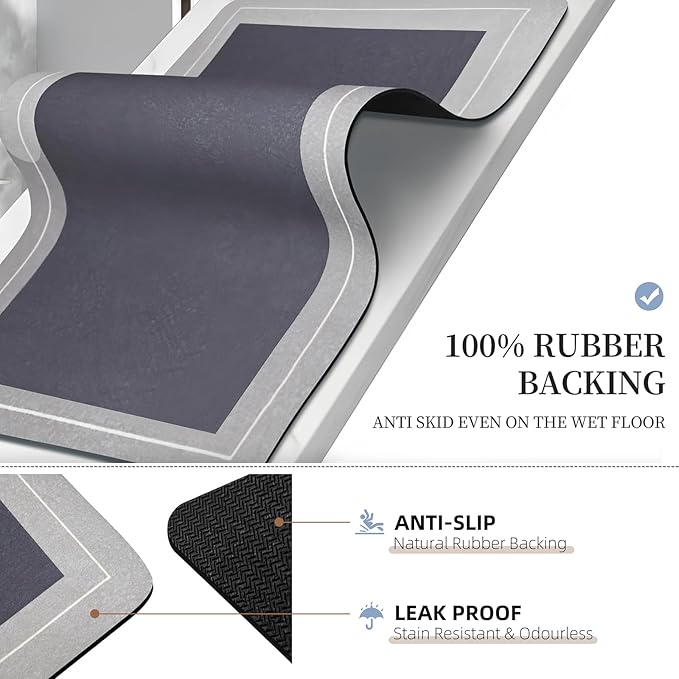 Large Bath Mat Rug, Rubber Non Slip Bath Mat Super Absorbent Quick Dry Bathroom Floor Mat Thin Bathroom Rugs Fit Under Door-Shower Rug for in Front of Bathtub Shower, Grey, Easy to clean, 23.6"x35.4"