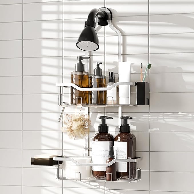 Shower Caddy Hanging 2-Tier Shower Organizer for Tall Showerhead,Rustproof Over Shower Head Rack,No Drill Bathroom Shower Caddy with Soap Dish,Toothbrush Holder and Hooks,Silver