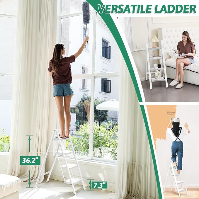 4-Step Folding Ladder, Heavy Duty Ladders for Home & Kitchen, Folding Ladder Easy to Store, Tall Ladder for Adults, Anti-Slip & Space-Saving Step Ladder, 330 Lbs Capacity, White