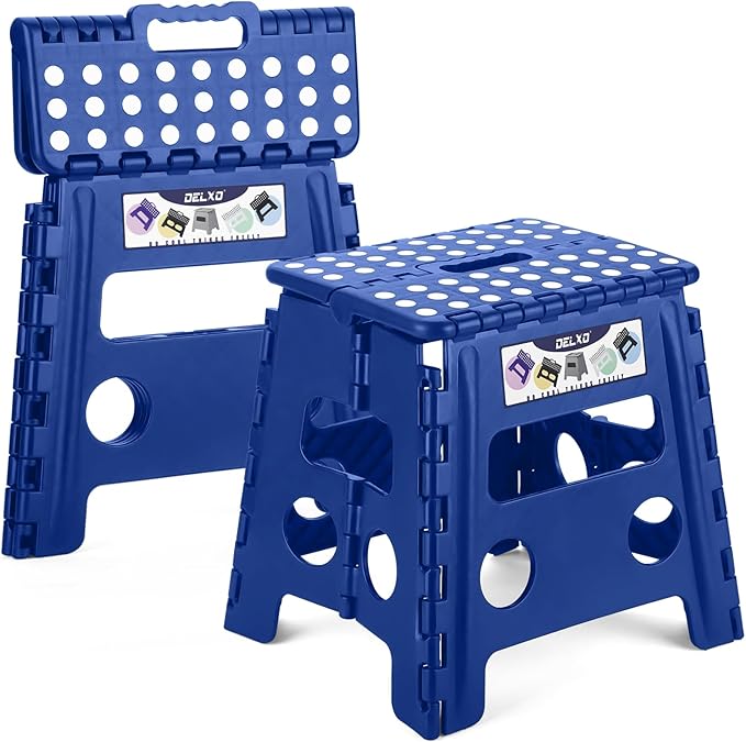Delxo 13 inch 2 Pack Folding Step Stool, Non-Slip Foldable Stools Up to 300 LBS, Step Stool with Handle, Lightweight Collapsible stools for Kitchen, Bathroom, Bedroom, Garden (Blue)