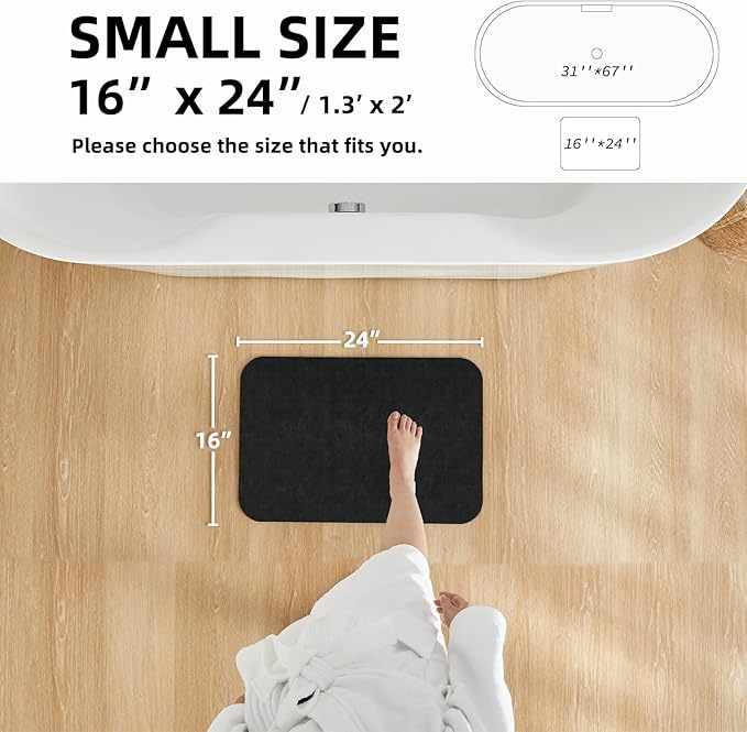 TYUU Black Bath Mat, Bathroom Rugs Non Slip Washable Thin Absorbent Quick Dry Bath Mat Fits Under Door Bathroom Floor Mat Perfect for Bath, Shower, or Sink 16"x24" Black