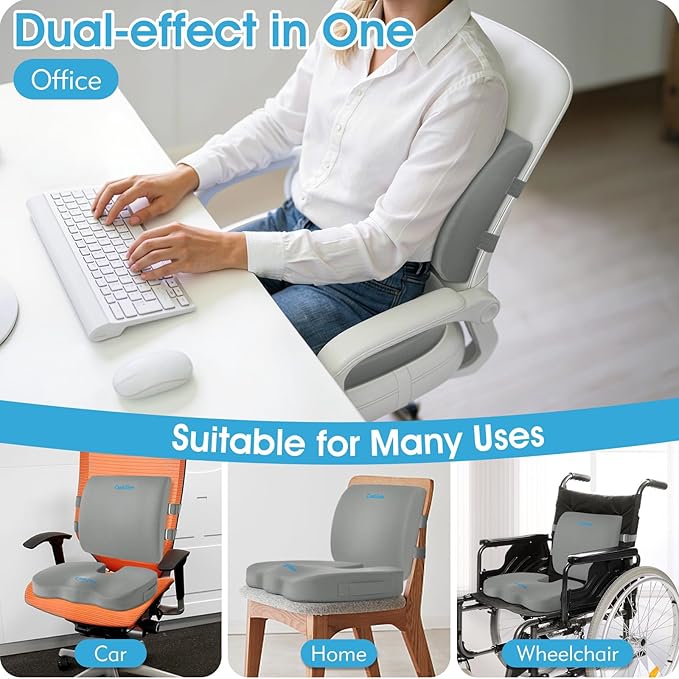 CushZone Ergonomic Seat Cushion & Lumbar Support Pillow - Memory Foam for Sciatica Pain Relief & Posture Correction, Non-Slip Chair Cushions for Office Chair/Car/Wheelchair/Travel, Light Grey