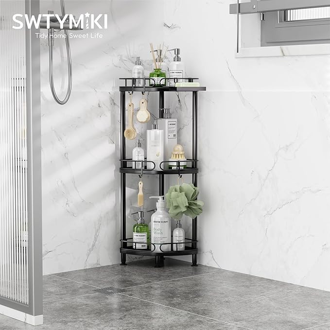 SWTYMIKI Corner Shower Caddy Standing - 3 Tier Rustproof Metal Shower Organizer Stand with Soap Holder and 4 Hooks, Freestanding Floor Shower Storage Stands for Bathroom, Black