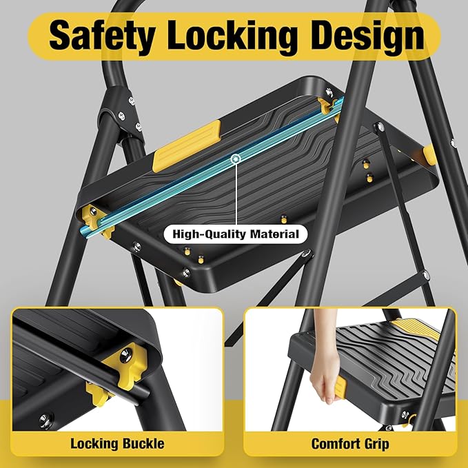 Urackify 4 Step Ladder, Heavy-Duty Pass 800lb Capacity Test, Wide Anti-Slip Steps & Secure Handrail Compact, Folding Step Stool Portable Design for Home, Kitchen, Office, Pantry, Closet Use, Black