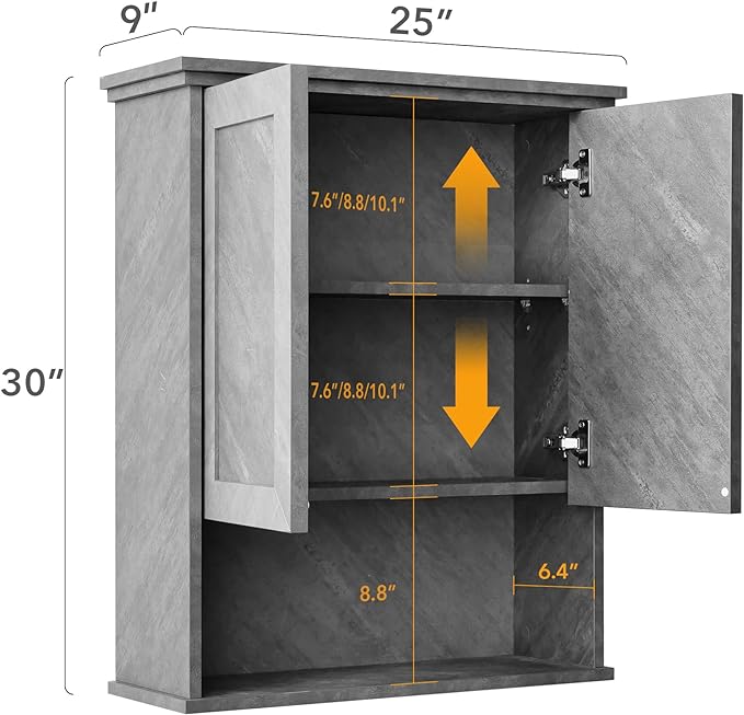 VANIRROR Bathroom Wall Cabinet Over Toilet Storage Cabinets 25x30 in Above Toilet Wood Medicine Cabinets for Bathroom Wall Mounted Cabinet with 2 Door & Adjustable Shelf Texture Grey