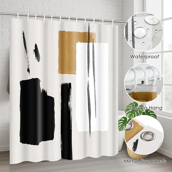 Boho Mid Century Shower Curtain Set with Toilet Lid Cover and Non-Slip Rugs, Abstract Line Art 4 Pcs Shower Curtain, Modern Minimalist Geometric Bathroom Set Decor with 12 Hooks