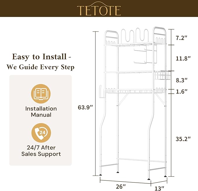 TETOTE Over The Toilet Storage Rack, 3-Tier Bathroom Organizer Shelf Over Toilet with Toilet Paper Roll Holder, Freestanding Metal Rack, White