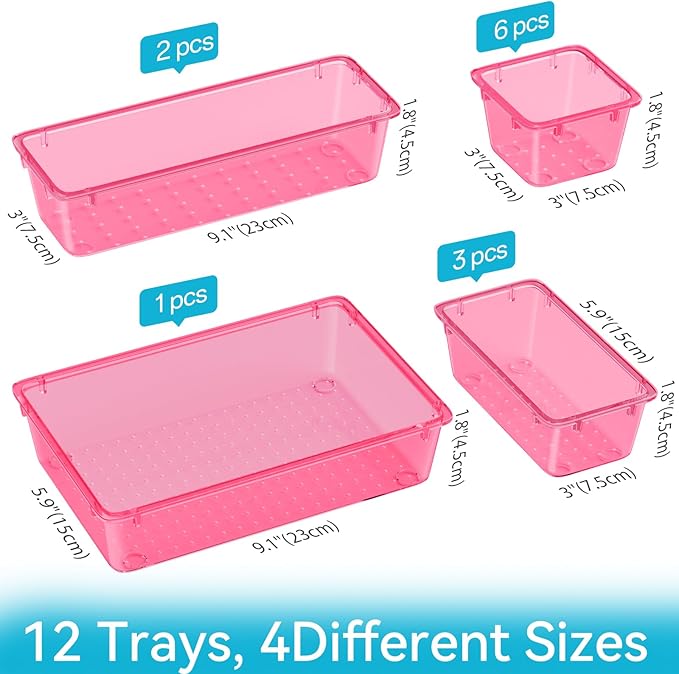 ElegantArray 12 PCS Drawer Organizer Set, 4 Sizes Tool Storage Trays, Clear Plastic Makeup Vanity Organizer and Storage Bins for Stationeries, Multiple Gadgets for Office, Bedroom, Pink