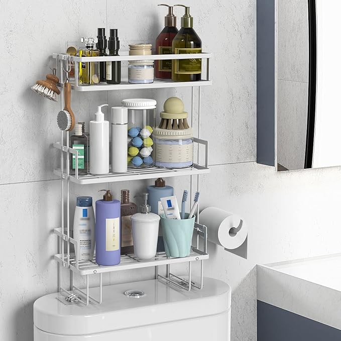 FLOLXNB Over The Toilet Storage,3-Tier Bathroom Organizer Shelves with Paper Holder, Multifunctional Toilet Rack,No Drilling Storage Shelf, Home Storage Space Saver Wall Mounting Design,White