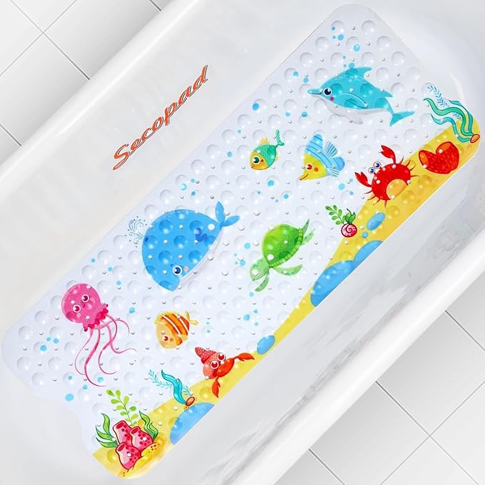 Secopad Bath Mat for Tub Non Slip, Machine Washable Anti-Slip Cartoon Baby Bathtub Shower Mat with Drain Holes and Suction Cups for Toddler & Kids, 40 Inch x 16 Inch-Rectangular, Little Whale
