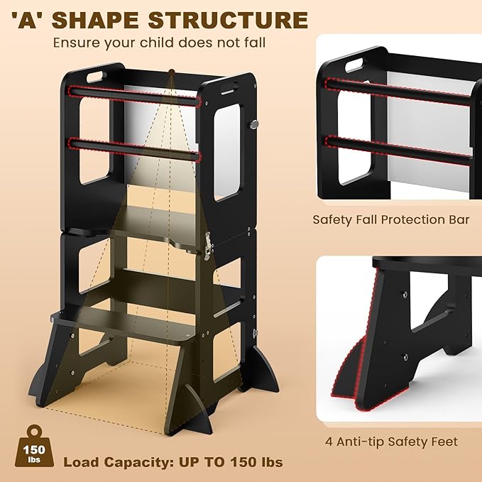 Woodure 4-in-1 Toddler Kitchen Step Stool, Learning Standing Tower with Whiteboard, Wooden Kitchen Stool Helper for Kids, 1-3 Year Old Boy Girl Gifts-Black