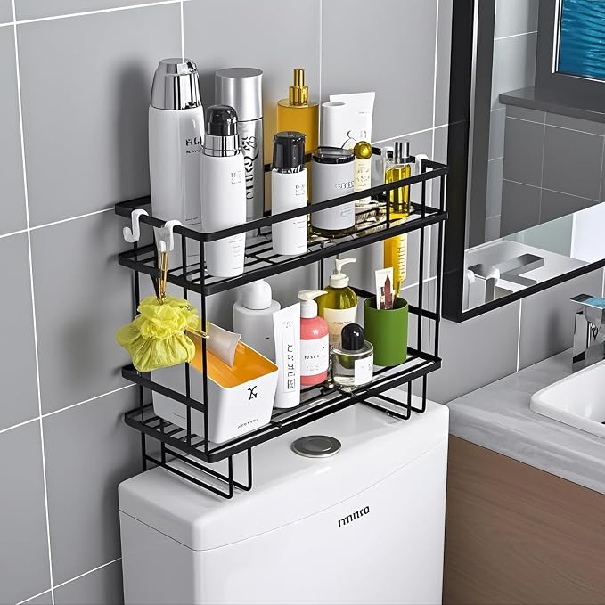 PowerKing Over The Toilet Storage Shelf, 2-Tier Bathroom Organizer Rack with 2 Hooks, No-Drill, Rust-Resistant Steel, Toilet Paper Holder for Restroom Bathroom, Black
