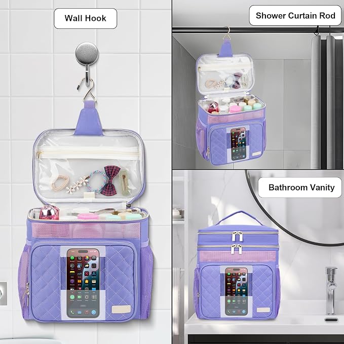 Portable Shower Caddy College Dorm Essentials, Large Toiletry Bag for Women Men, 2 Layers Quickly Dry Mesh Bathroom Tote Bag, Hanging Makeup Organizer Bag for Travel, Gym, Camping (Purple)