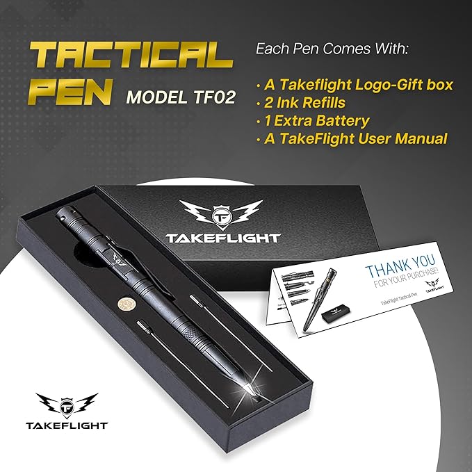 Tactical Pen – Self Defense Survival EDC Pen with LED Flashlight, Glass Breaker & Bottle Opener – Military Multitool Pen for Men & Women – Veteran-Owned TakeFlight – 2 Ink Refills + Extra Battery