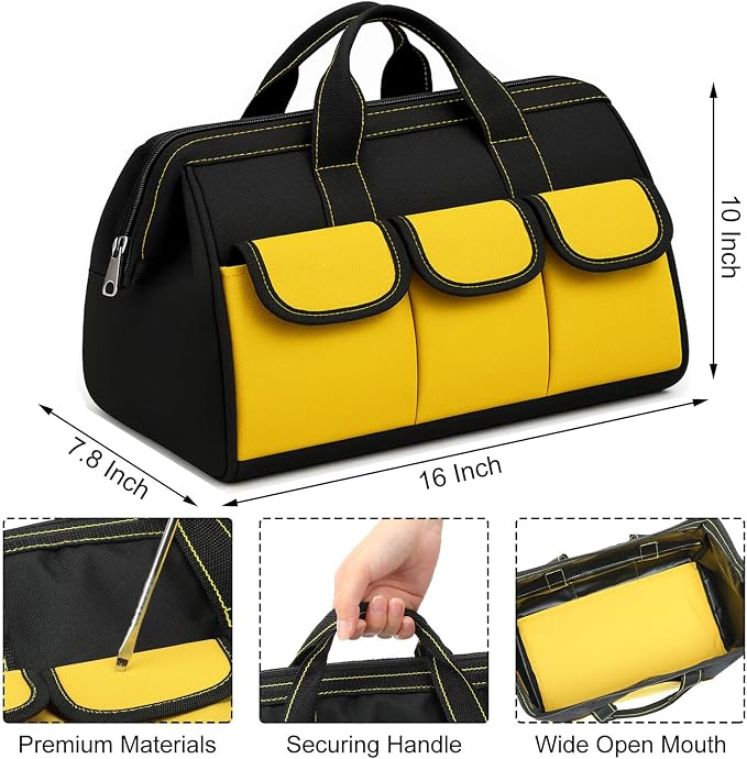 Sanwuta 3 Pack Tool Bag for Men with Waterproof Hard Bottom, Heavy Duty Tool Bag Wide Mouth Tote for Various Instrument, Electrician Carpenter Mechanic(Black Red, Blue, Yellow,16 Inch,Classic)