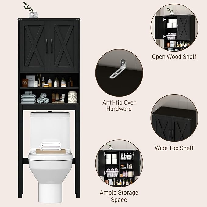 Vabches Over The Toilet Storage Cabinet, Bathroom Organizer with 2 Barn Doors, Farmhouse Space-Saving Toilet Rack with Adjustable Shelf,for Bathroom, Toilet, Laundry Room,Black