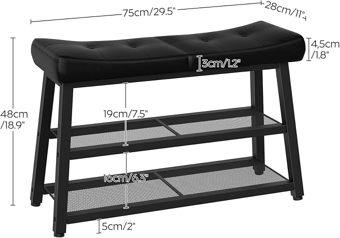YATINEY Shoe Bench, 3-Tier Shoe Rack, Entryway Bench with Storage and Cushion, for Hallway, Foyer, Bedroom, Black HX02BB