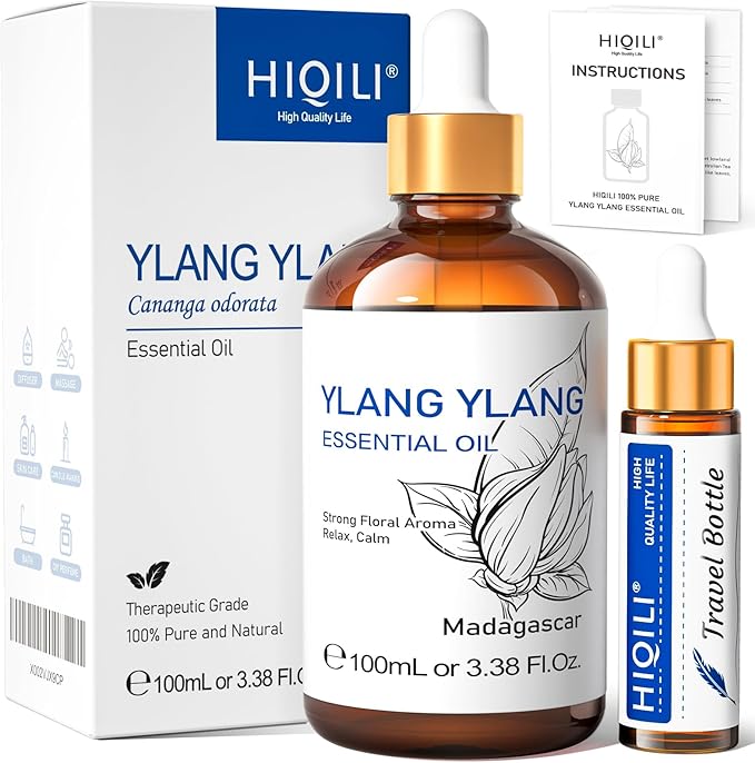 HIQILI Ylang-Ylang Essential Oil, Long-Lasting Scent for Diffuser, Perfumes, Aromatherapy, DIY - 3.38 Fl Oz