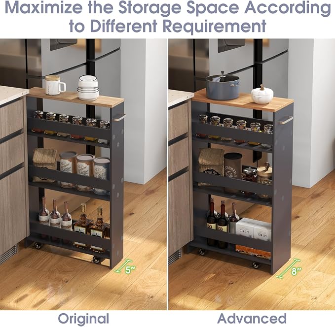 Giantex 4 Tier Rolling Slim Storage Cart, 8" Narrow Slide Out Kitchen Cart w/Handle & Open Shelves, Space-Saving Compact Mobile Utility Trolley for Small Space Laundry Room (Grey & Natural)