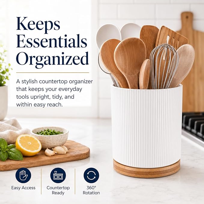 QUELIEN Utensil Holder, 360° Rotating Ceramic Kitchen Utensil Holder for Countertop, 7.7" Utensil Crock for Kitchen Counter with Rotatable Wooden Base,Ideal Housewarming Gift & Mothers Day Gift