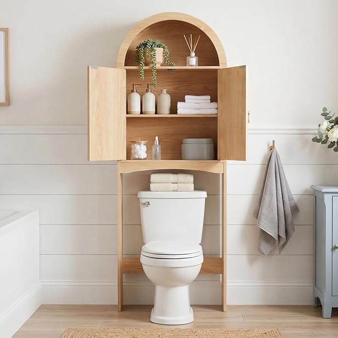 HOOBRO Arched Rattan Over the Toilet Storage Cabinet, 68.1'' Bathroom Organizer with Doors, Bathroom Storage Cabinet with Adjustable Shelf, Wooden Space Saver for Small Bathroom, Natural NL25TS01