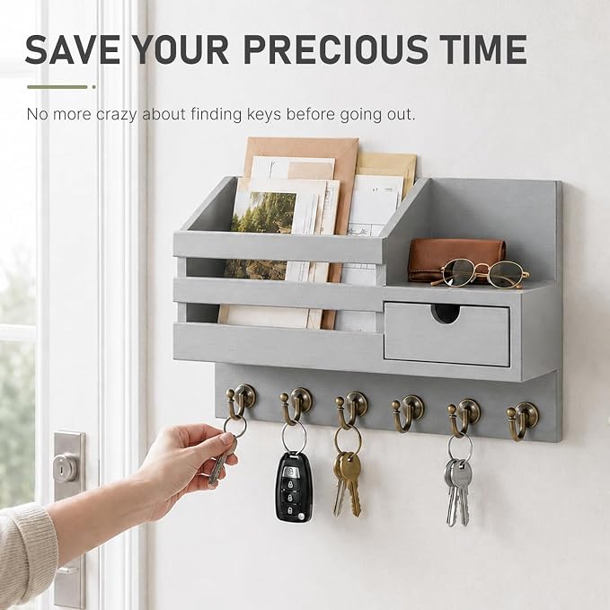 FifthQuarter Key and Mail Holder for Wall, Mail Organizer Wall Mount with 6 Hooks and Storage Drawer, Easy Installation Key Rack for Entryway and Home Decor (A-Grey)