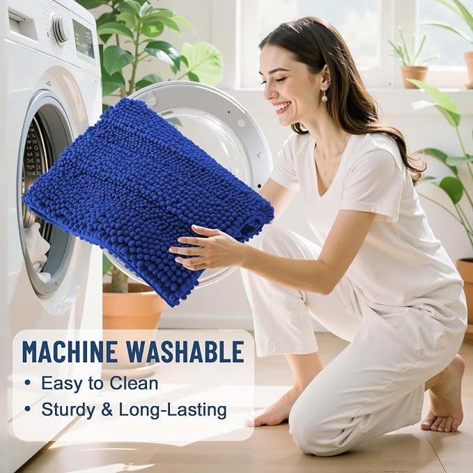 Grandaily Chenille Striped Bathroom Rugs 24x16, Extra Thick and Absorbent Bath Mats, Non-Slip Soft Plush Shaggy Shower Carpet, Machine Wash Dry, Bath Rug for Bathroom, (Small, Cobalt Blue)